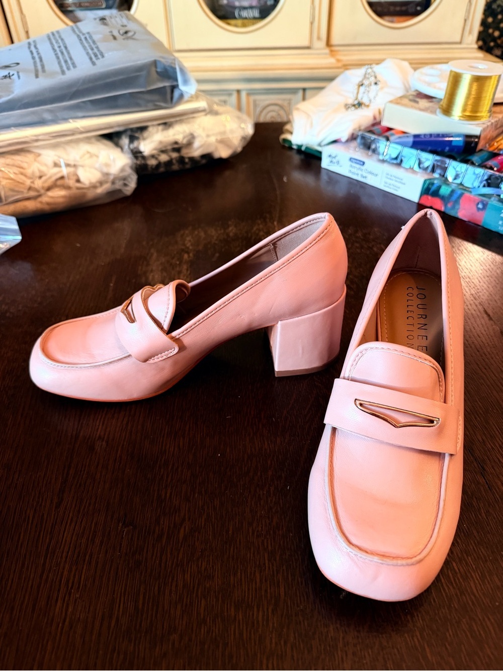 Journee Collection Blush Pink Block Heel Loafers with Gold Accent